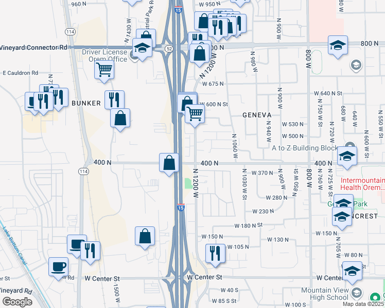 map of restaurants, bars, coffee shops, grocery stores, and more near 464 North 1235 West in Orem