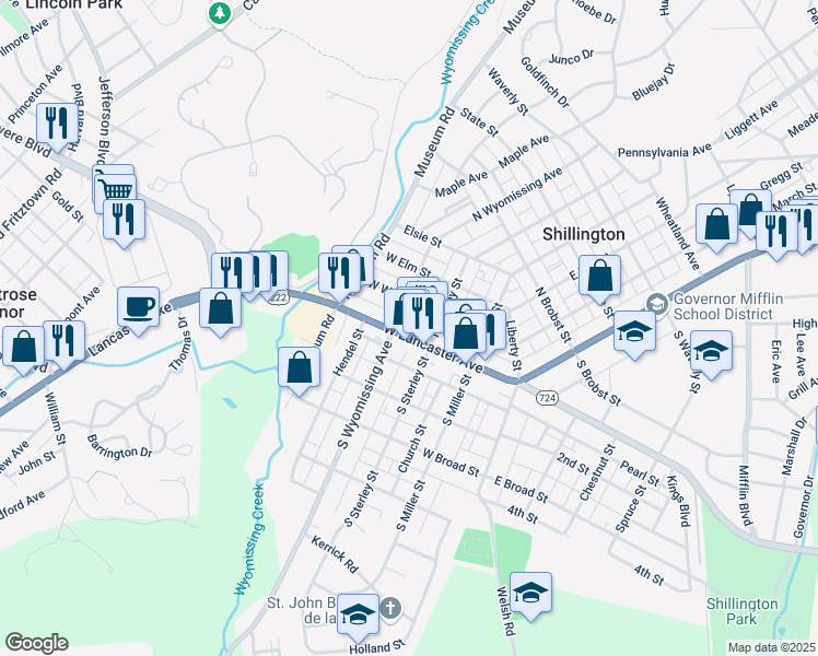 map of restaurants, bars, coffee shops, grocery stores, and more near 201 West Lancaster Avenue in Shillington