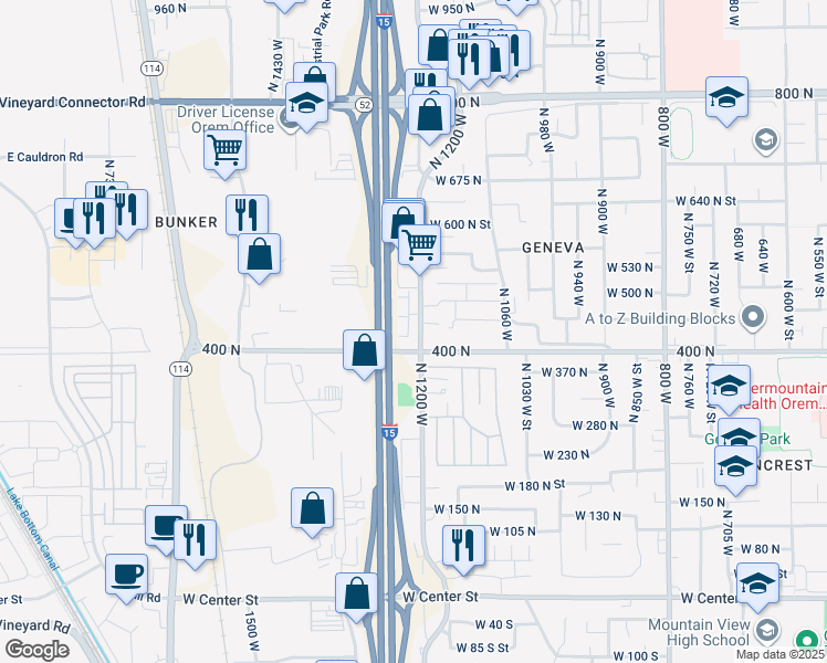map of restaurants, bars, coffee shops, grocery stores, and more near 464 North 1235 West in Orem