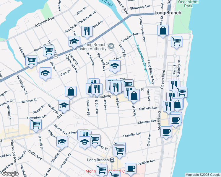 map of restaurants, bars, coffee shops, grocery stores, and more near 23 Union Avenue in Long Branch