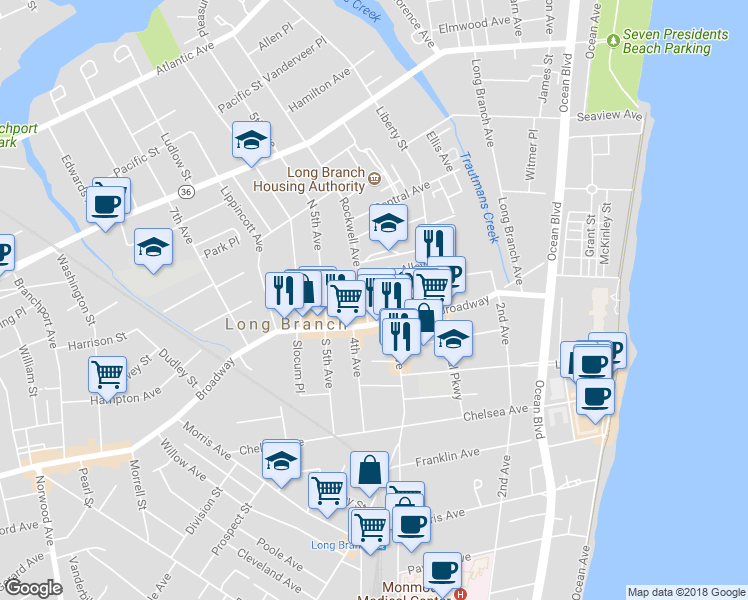 map of restaurants, bars, coffee shops, grocery stores, and more near 23 Union Avenue in Long Branch