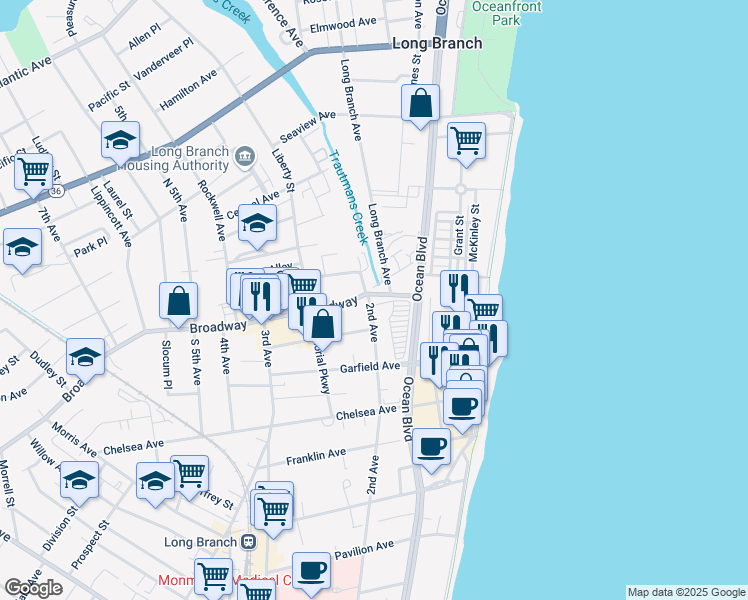 map of restaurants, bars, coffee shops, grocery stores, and more near 104 Broadway in Long Branch