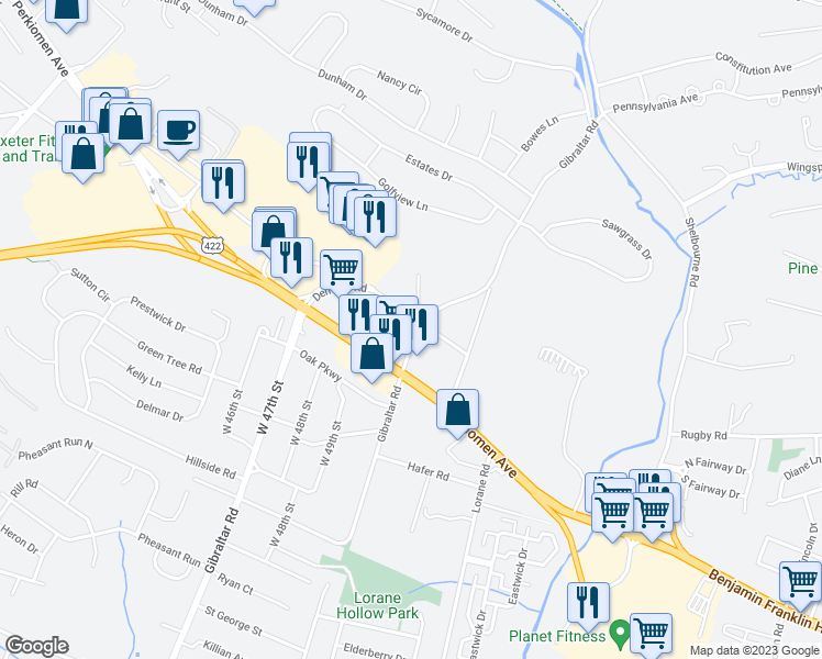 map of restaurants, bars, coffee shops, grocery stores, and more near 4873 Perkiomen Avenue in Reading