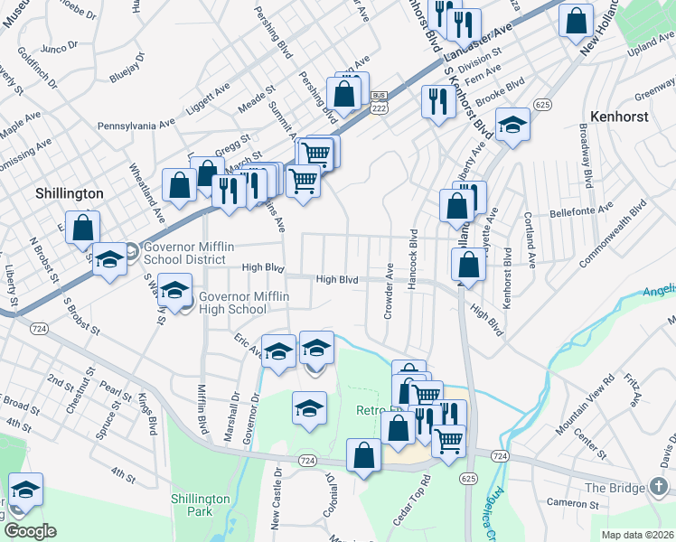 map of restaurants, bars, coffee shops, grocery stores, and more near 257 High Blvd in Reading
