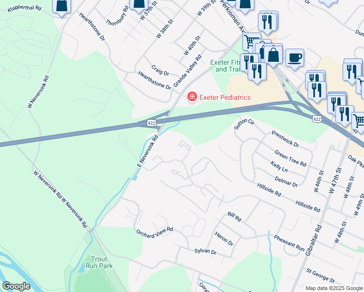 map of restaurants, bars, coffee shops, grocery stores, and more near 232 Christine Drive in Reading