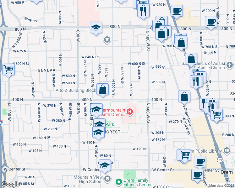map of restaurants, bars, coffee shops, grocery stores, and more near 424 600 west in Orem