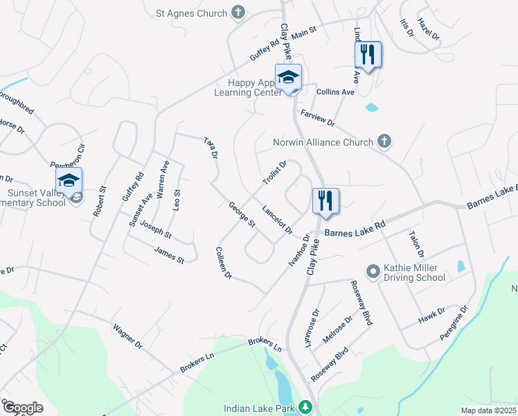 map of restaurants, bars, coffee shops, grocery stores, and more near 2230 Lancelot Drive in Irwin