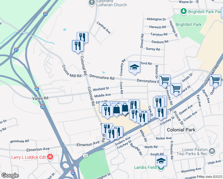 map of restaurants, bars, coffee shops, grocery stores, and more near 4437 Winfield Street in Harrisburg
