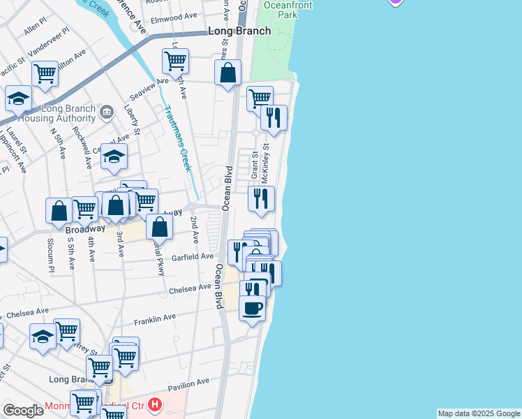 map of restaurants, bars, coffee shops, grocery stores, and more near in Long Branch