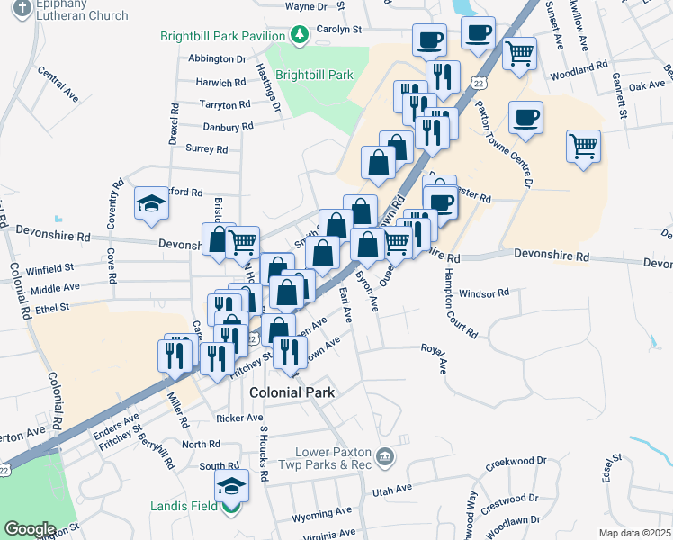 map of restaurants, bars, coffee shops, grocery stores, and more near 4900 U.S. 22 in Harrisburg