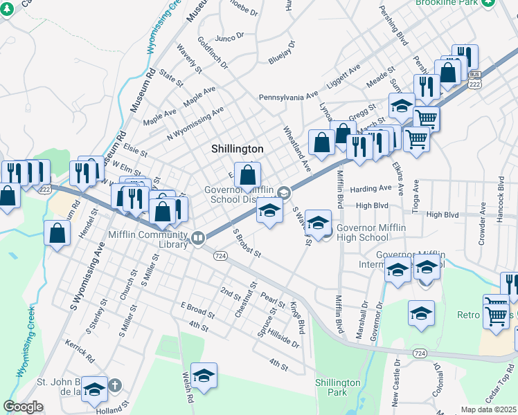 map of restaurants, bars, coffee shops, grocery stores, and more near 130 East Lancaster Avenue in Shillington