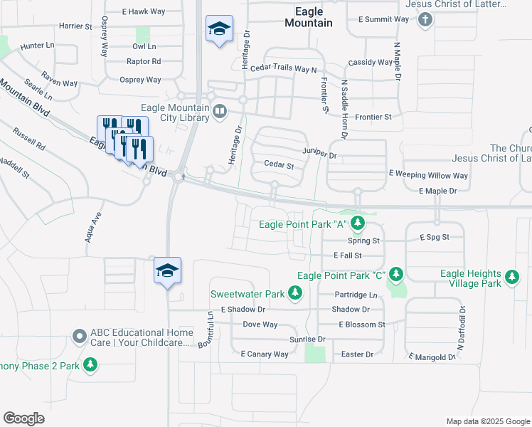 map of restaurants, bars, coffee shops, grocery stores, and more near 1772 East Skyline Drive in Eagle Mountain