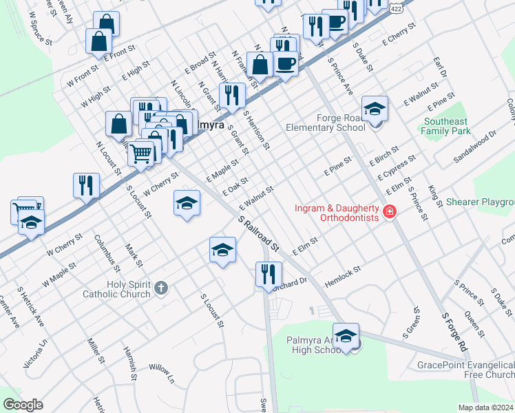map of restaurants, bars, coffee shops, grocery stores, and more near 410 South Lincoln Street in Palmyra