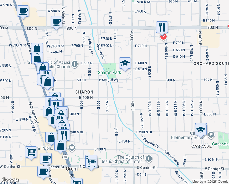 map of restaurants, bars, coffee shops, grocery stores, and more near 304 Elmwood Drive in Orem