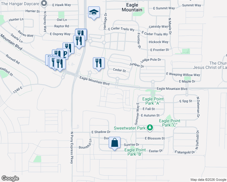 map of restaurants, bars, coffee shops, grocery stores, and more near 1792 East Skyline Drive in Eagle Mountain