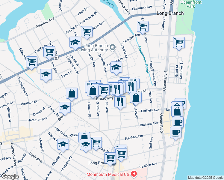 map of restaurants, bars, coffee shops, grocery stores, and more near 23 Union Avenue in Long Branch
