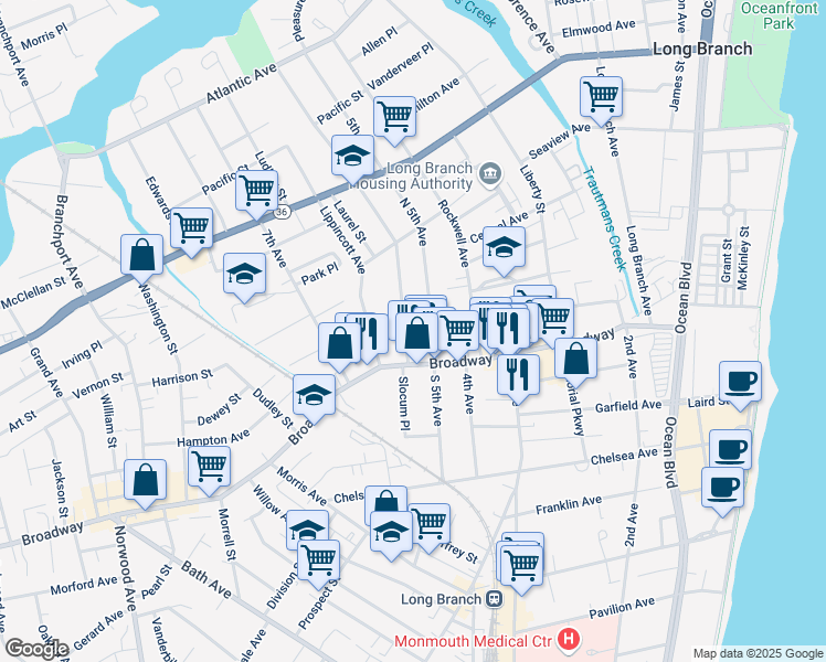 map of restaurants, bars, coffee shops, grocery stores, and more near in Long Branch