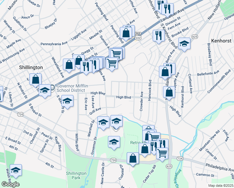map of restaurants, bars, coffee shops, grocery stores, and more near 1629 Bradford Avenue in Reading