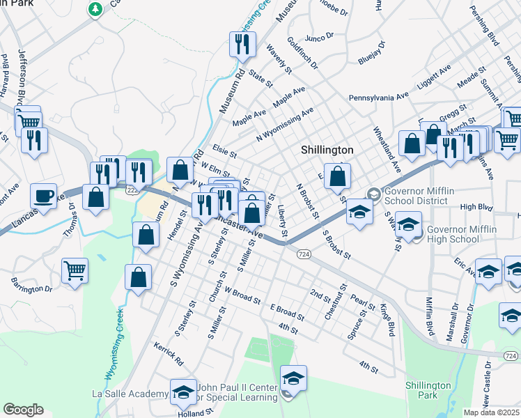map of restaurants, bars, coffee shops, grocery stores, and more near 101 North Miller Street in Shillington