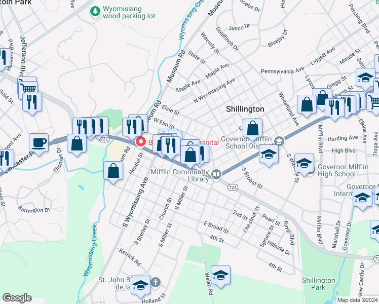 map of restaurants, bars, coffee shops, grocery stores, and more near 124 West Walnut Street in Shillington