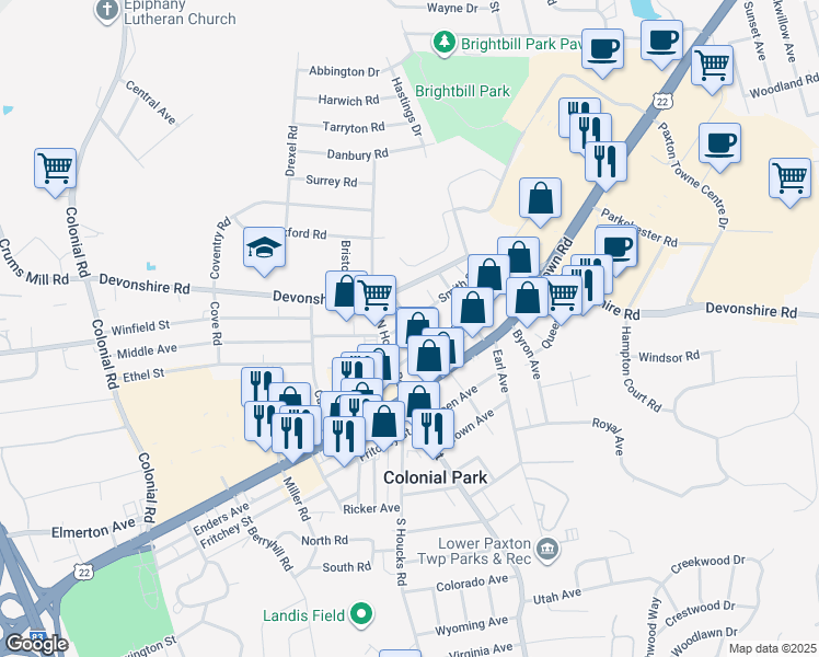 map of restaurants, bars, coffee shops, grocery stores, and more near 200 Mayfield Street in Harrisburg