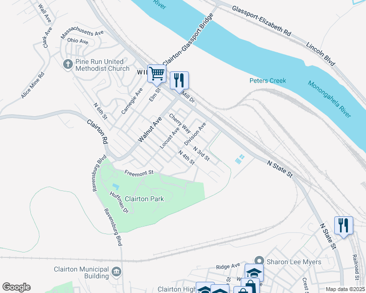 map of restaurants, bars, coffee shops, grocery stores, and more near 307 Division Avenue in Clairton