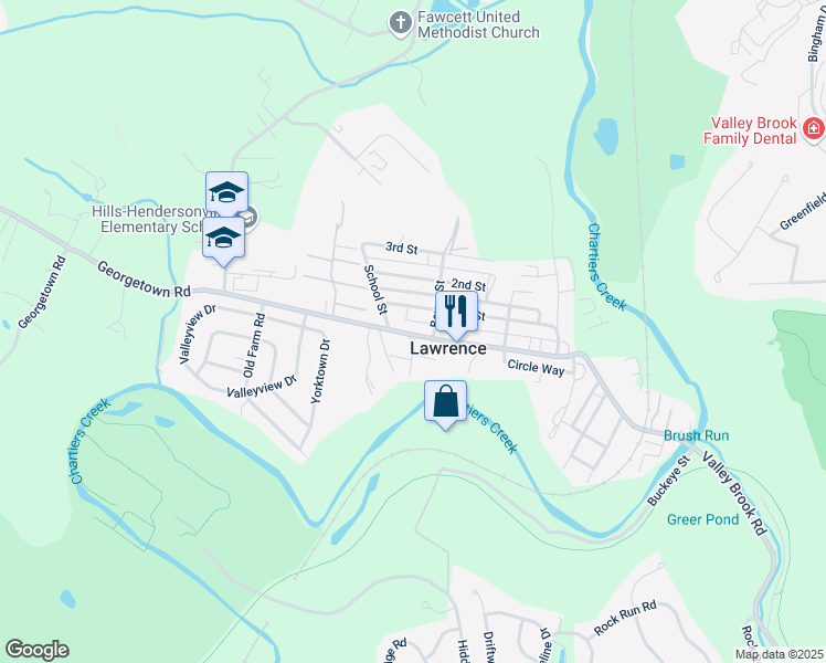 map of restaurants, bars, coffee shops, grocery stores, and more near 392 Georgetown Road in Lawrence