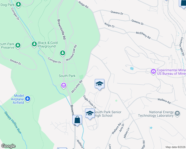 map of restaurants, bars, coffee shops, grocery stores, and more near 1801 McCorkle Road in South Park Township