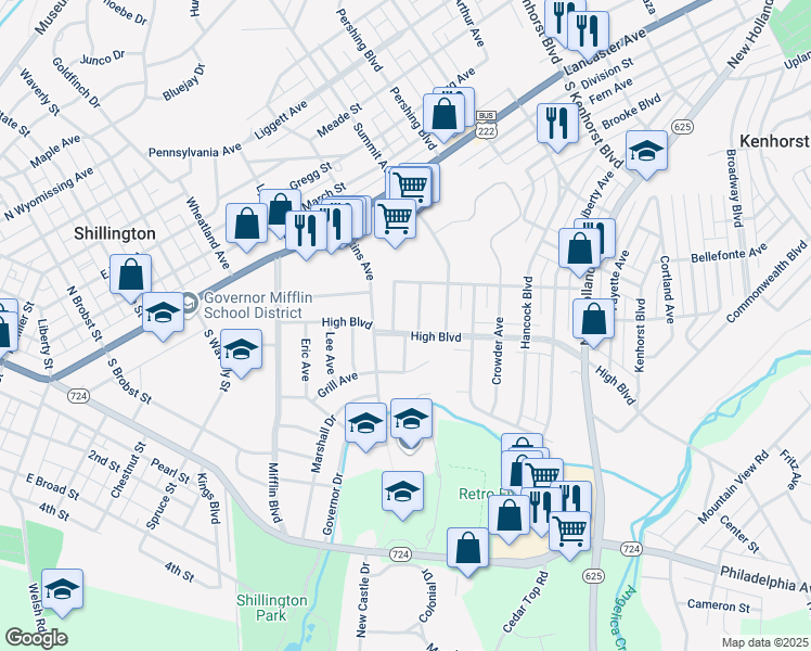 map of restaurants, bars, coffee shops, grocery stores, and more near 237 High Boulevard in Shillington
