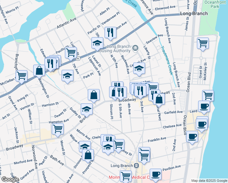 map of restaurants, bars, coffee shops, grocery stores, and more near in Long Branch