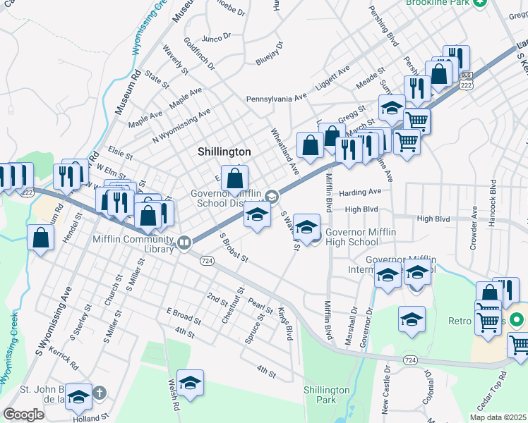 map of restaurants, bars, coffee shops, grocery stores, and more near 130 East Lancaster Avenue in Shillington