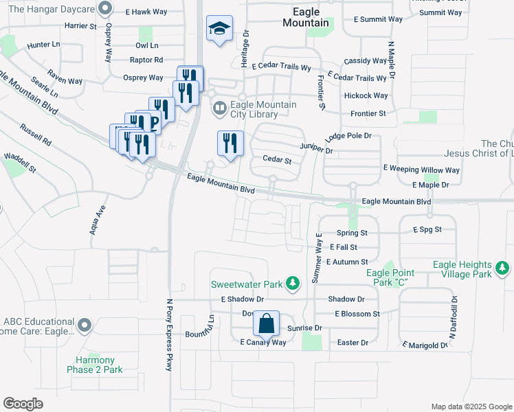 map of restaurants, bars, coffee shops, grocery stores, and more near 1754 East Skyline Drive in Eagle Mountain