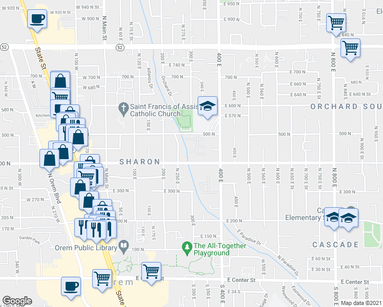 map of restaurants, bars, coffee shops, grocery stores, and more near 304 Elmwood Drive in Orem