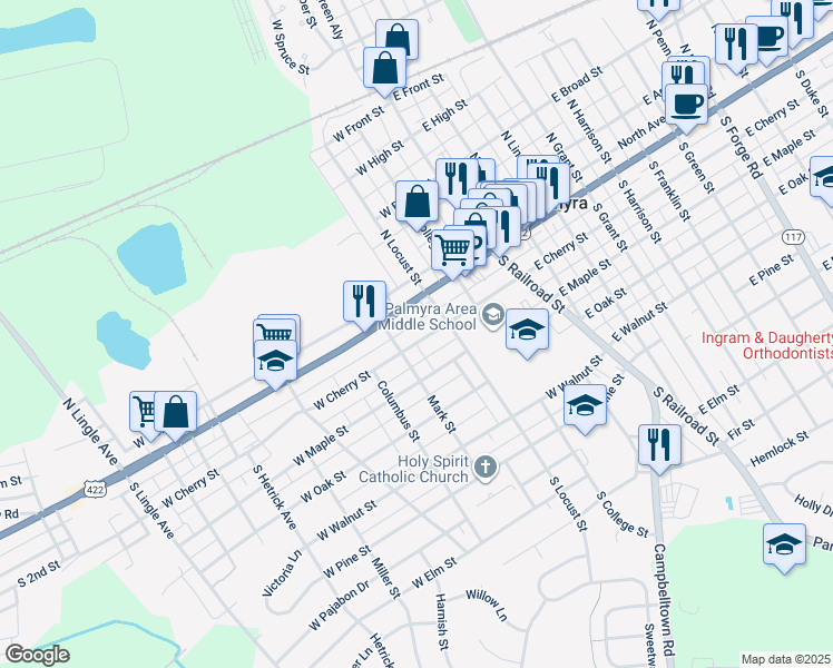 map of restaurants, bars, coffee shops, grocery stores, and more near 225 West Cherry Street in Palmyra