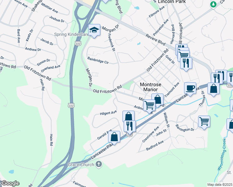 map of restaurants, bars, coffee shops, grocery stores, and more near 224 Montrose Boulevard in Reading