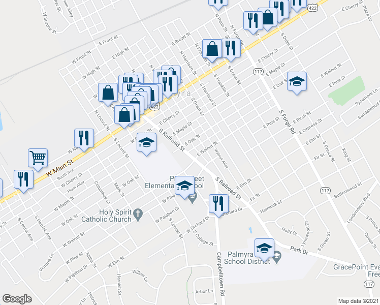 map of restaurants, bars, coffee shops, grocery stores, and more near 322 South Railroad Street in Palmyra