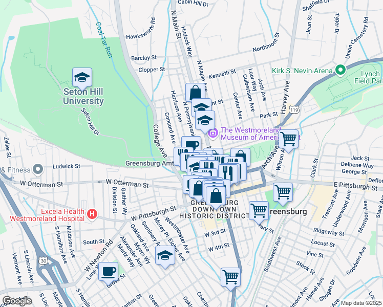 map of restaurants, bars, coffee shops, grocery stores, and more near 125 Harrison Avenue in Greensburg