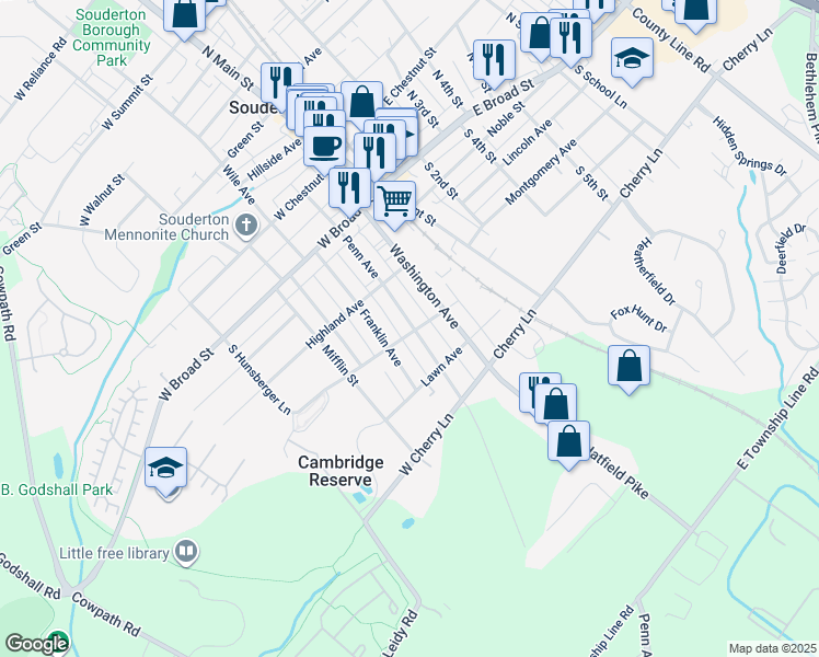 map of restaurants, bars, coffee shops, grocery stores, and more near 148 Penn Avenue in Souderton