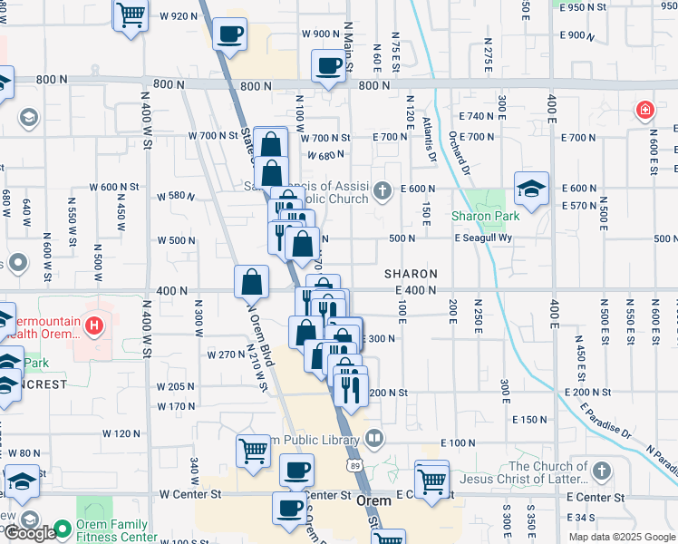 map of restaurants, bars, coffee shops, grocery stores, and more near 23 W 450 N in Orem