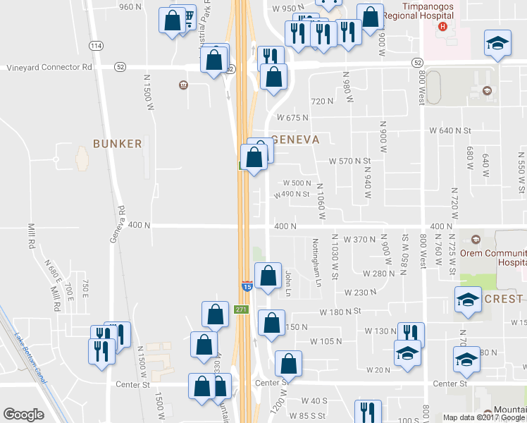 map of restaurants, bars, coffee shops, grocery stores, and more near 466 North 1235 West in Orem