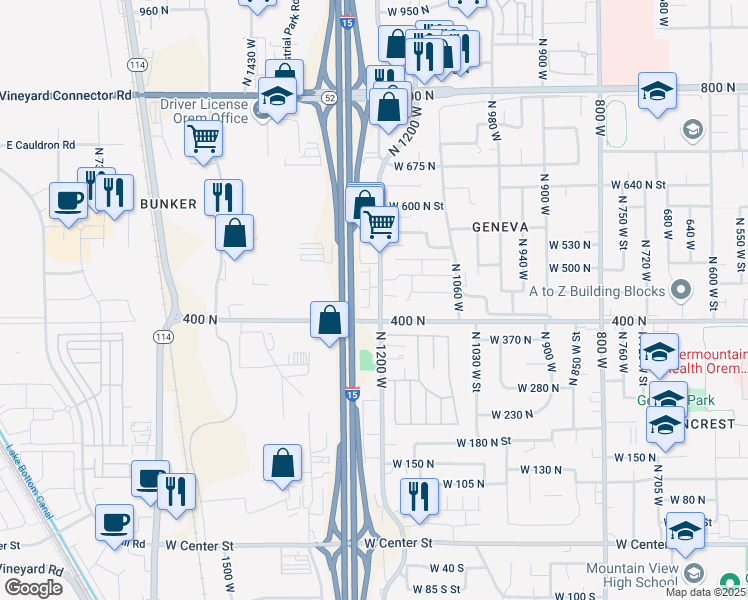 map of restaurants, bars, coffee shops, grocery stores, and more near 466 North 1235 West in Orem
