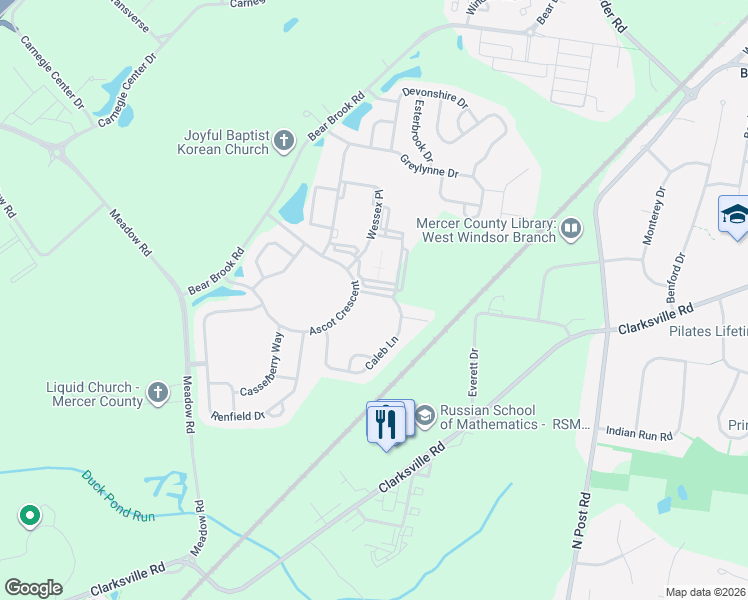 map of restaurants, bars, coffee shops, grocery stores, and more near 26 Caleb Lane in Princeton
