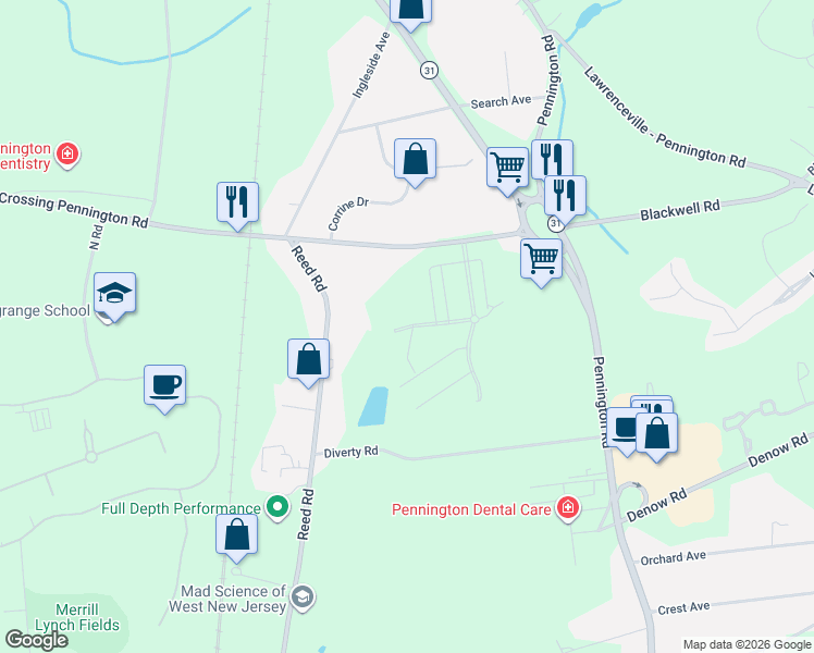 map of restaurants, bars, coffee shops, grocery stores, and more near 12 Wash Cross Penn Road in Pennington