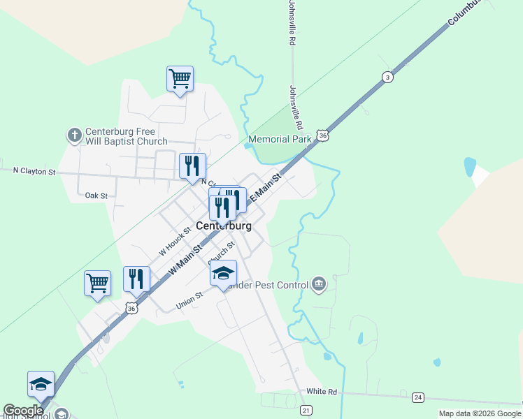map of restaurants, bars, coffee shops, grocery stores, and more near 71 North Calhoun Street in Centerburg
