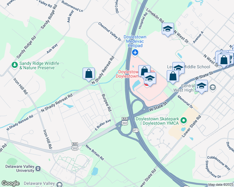 map of restaurants, bars, coffee shops, grocery stores, and more near 150 Commons Way in Doylestown