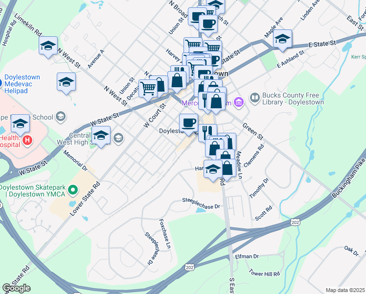 map of restaurants, bars, coffee shops, grocery stores, and more near 196 West Ashland Street in Doylestown