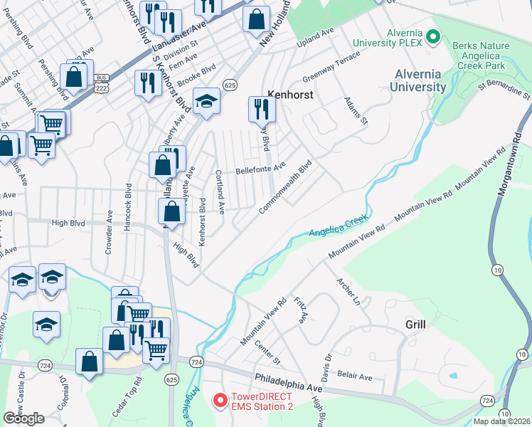map of restaurants, bars, coffee shops, grocery stores, and more near 1432 Commonwealth Boulevard in Reading