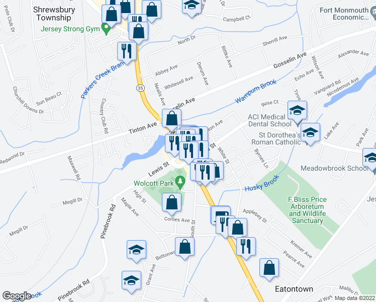 map of restaurants, bars, coffee shops, grocery stores, and more near 19 Main St in Eatontown