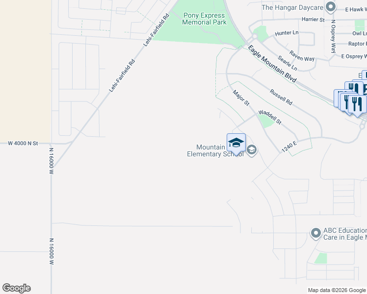 map of restaurants, bars, coffee shops, grocery stores, and more near 605 East Waddell Street in Eagle Mountain