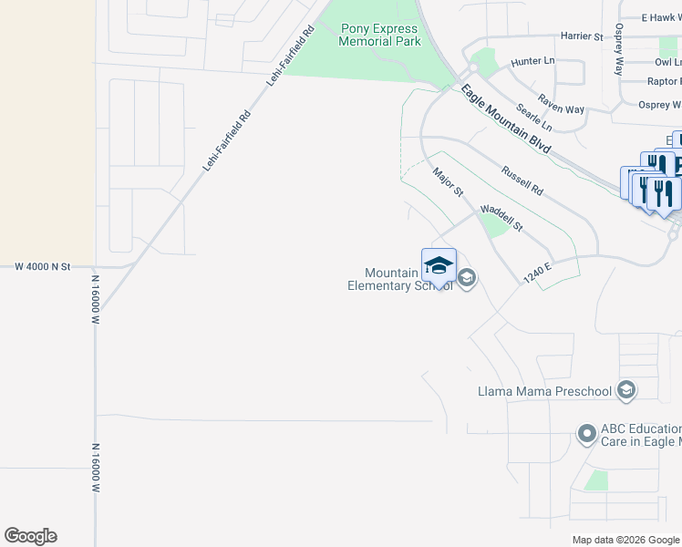 map of restaurants, bars, coffee shops, grocery stores, and more near 605 East Waddell Street in Eagle Mountain
